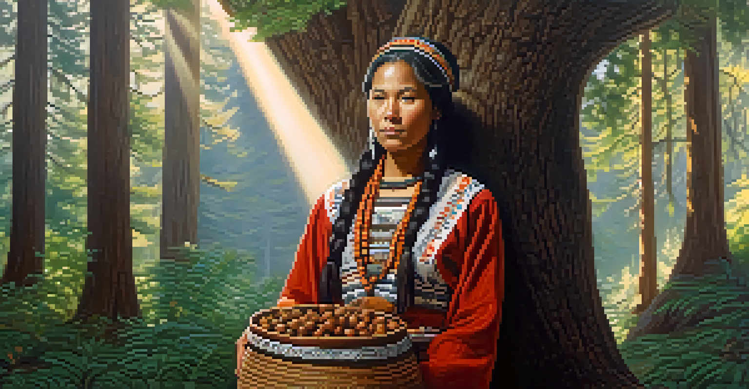 Portrait of an Ohlone woman by a redwood tree, holding a basket of acorns, set in a sunlit forest.