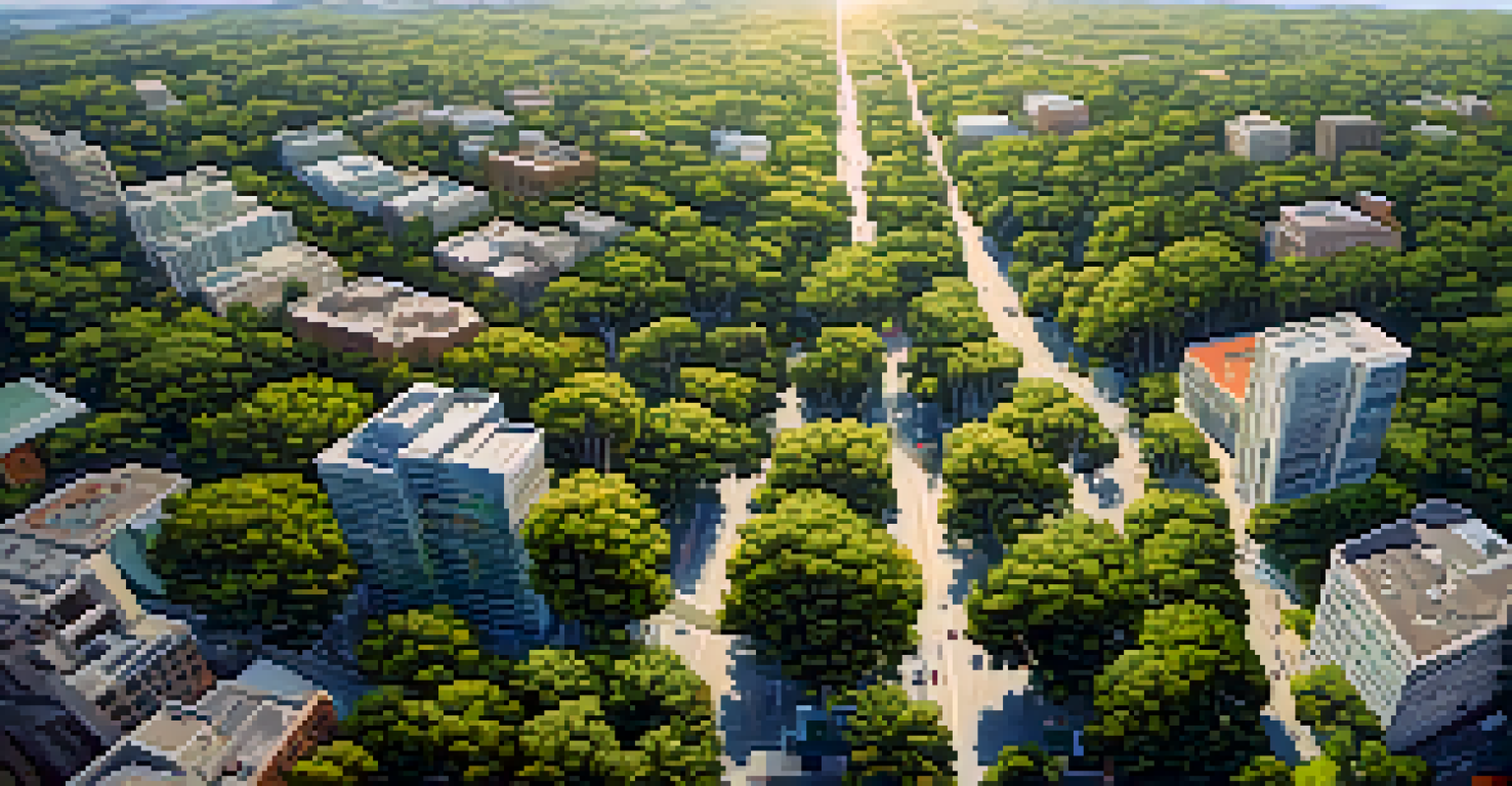 An aerial view of an urban forest in Redwood City, showcasing tree canopies and pathways among urban buildings.