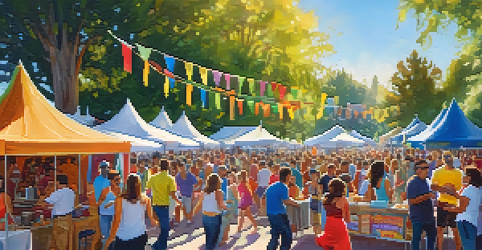 A lively festival scene at the Redwood City Salsa Festival with colorful salsa booths and people dancing, under bright sunlight.