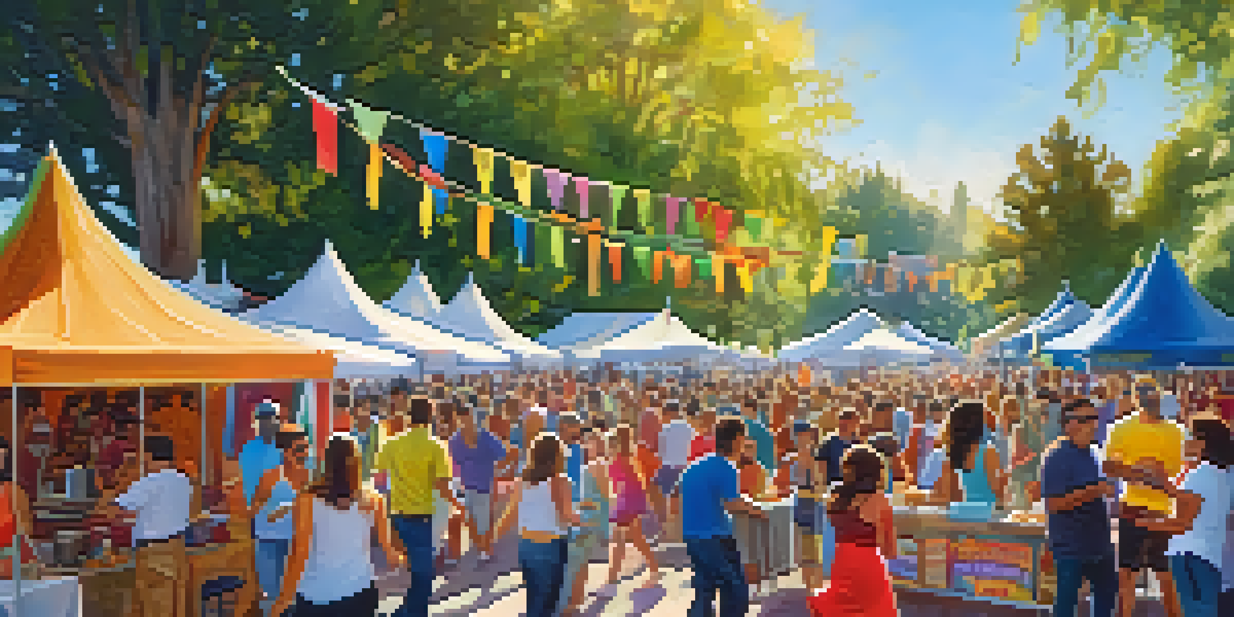 A lively festival scene at the Redwood City Salsa Festival with colorful salsa booths and people dancing, under bright sunlight.