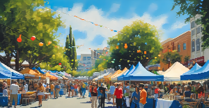 A lively art festival in Redwood City featuring colorful art booths, food stalls, and people enjoying live music under a clear sky.