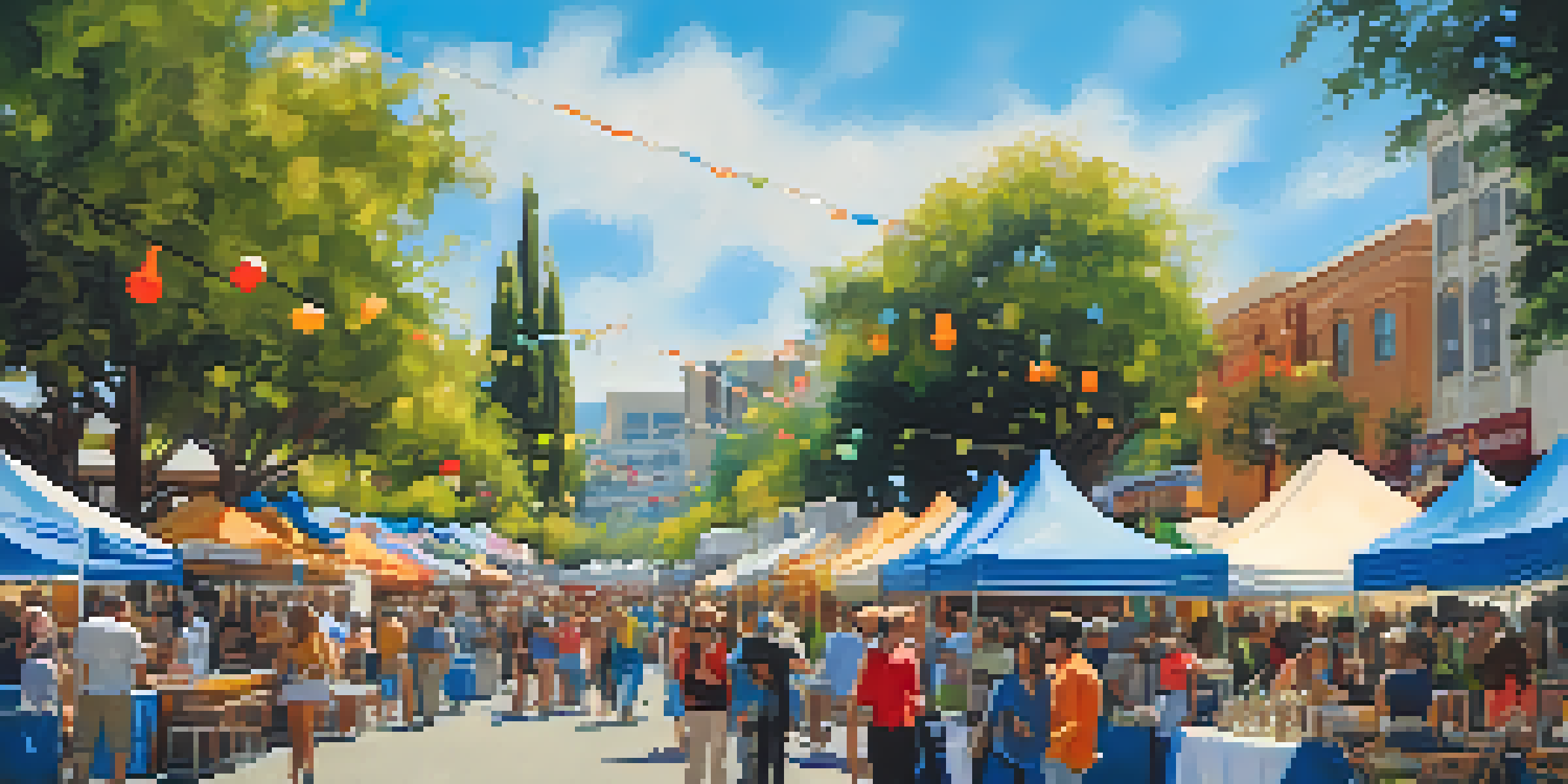 A lively art festival in Redwood City featuring colorful art booths, food stalls, and people enjoying live music under a clear sky.