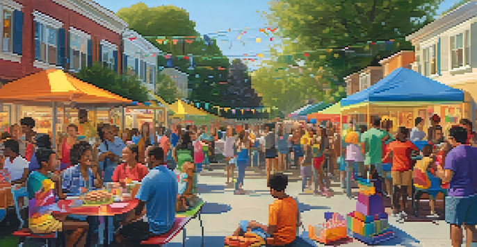 A lively neighborhood block party in Redwood City with diverse residents enjoying food and activities together.