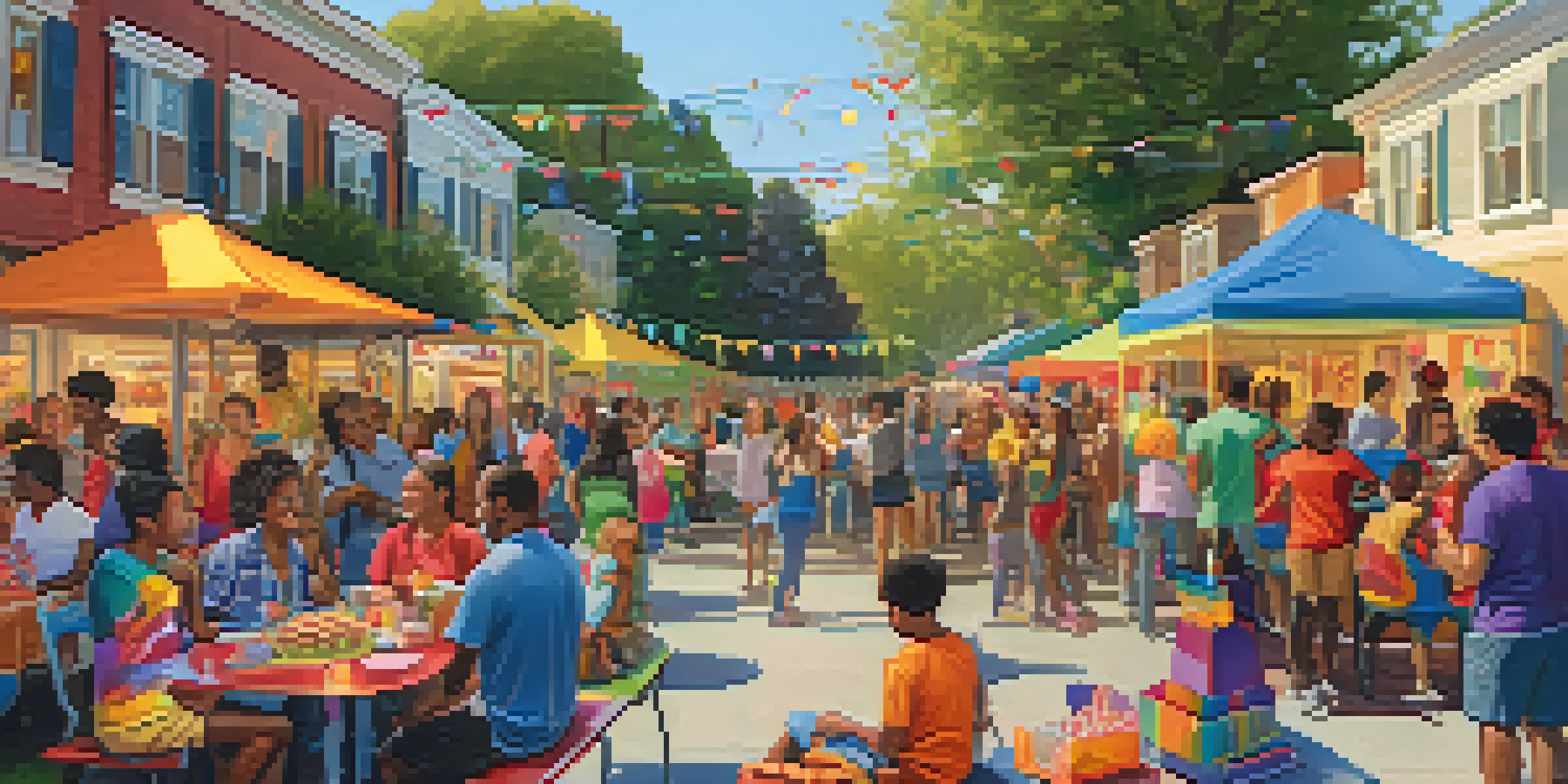 A lively neighborhood block party in Redwood City with diverse residents enjoying food and activities together.