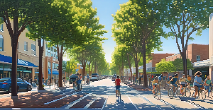 A panoramic view of Redwood City with green spaces, people biking and walking, under a clear blue sky.