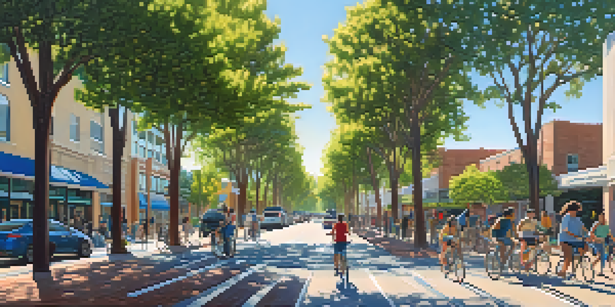 A panoramic view of Redwood City with green spaces, people biking and walking, under a clear blue sky.