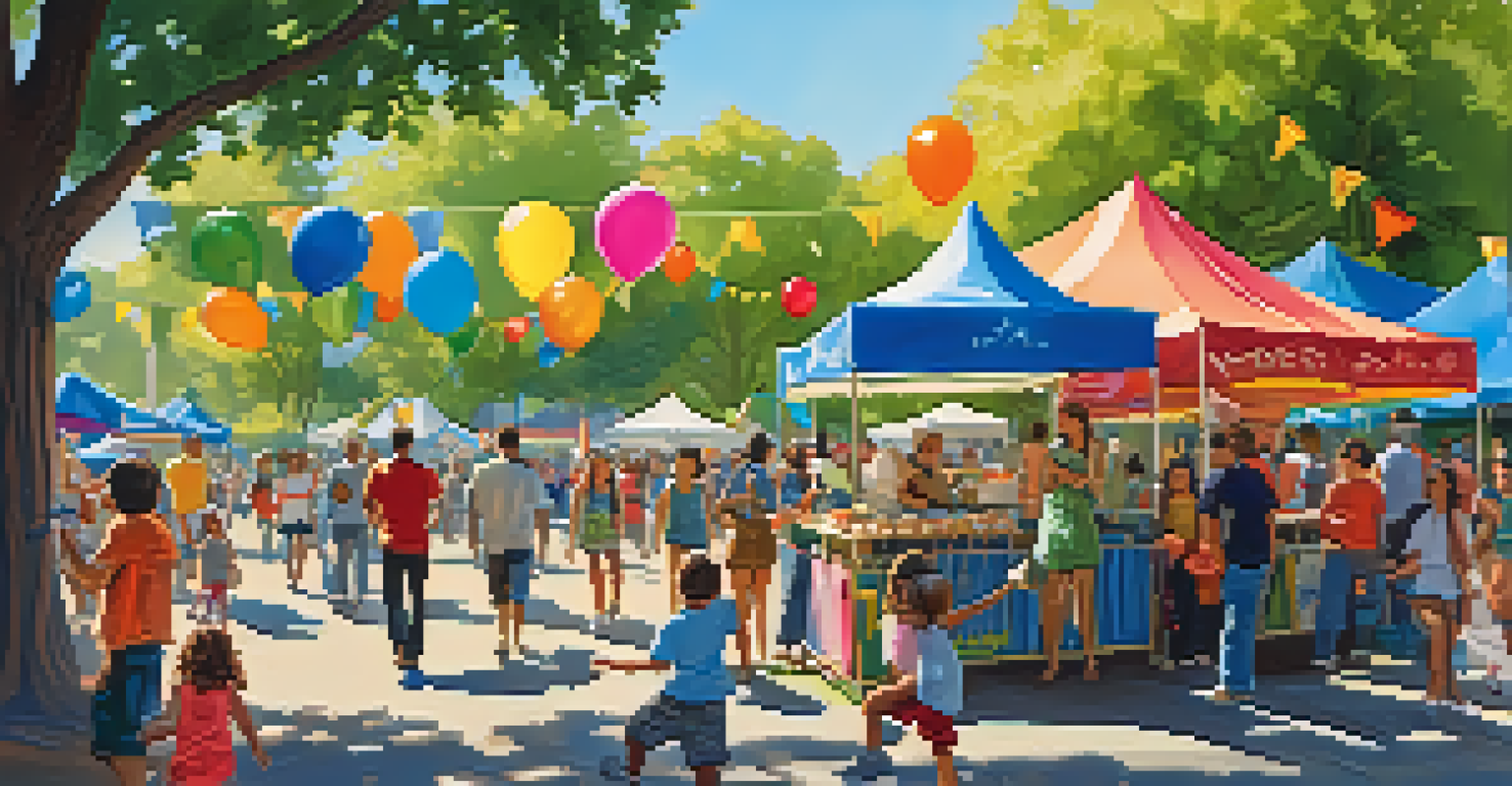 Community festival in Redwood City, featuring families in a park, colorful decorations, and children playing under a sunny sky.
