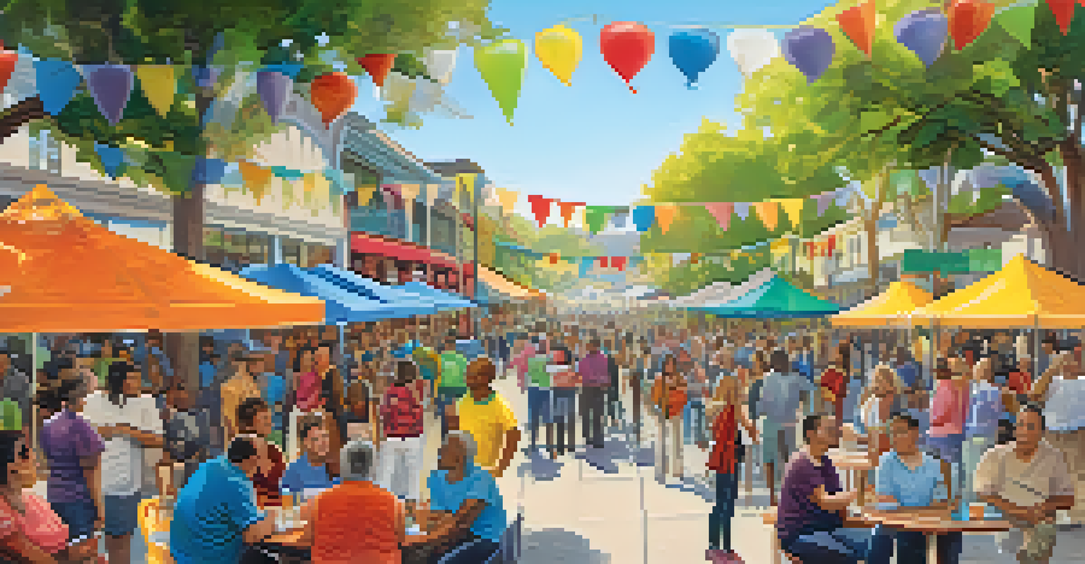 A community gathering in Redwood City promoting ridesharing, with diverse residents interacting and sharing ideas.