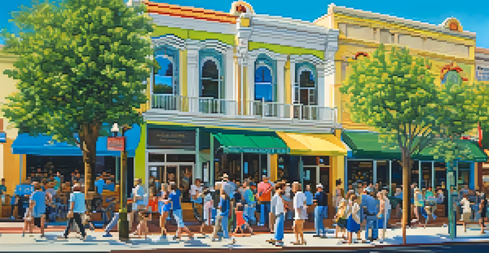 A colorful mural depicting a historic downtown area with people enjoying the day, featuring bright colors and intricate details.