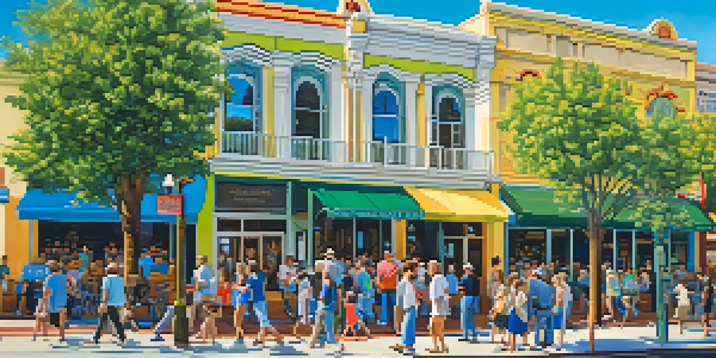 A colorful mural depicting a historic downtown area with people enjoying the day, featuring bright colors and intricate details.