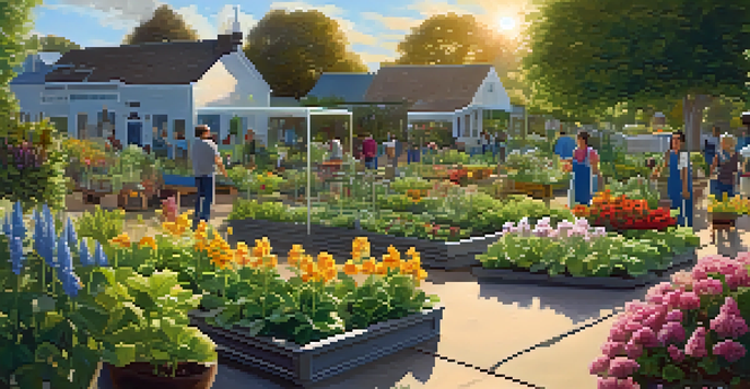 Community members working together in a vibrant garden, practicing sustainable watering techniques under a sunny sky.