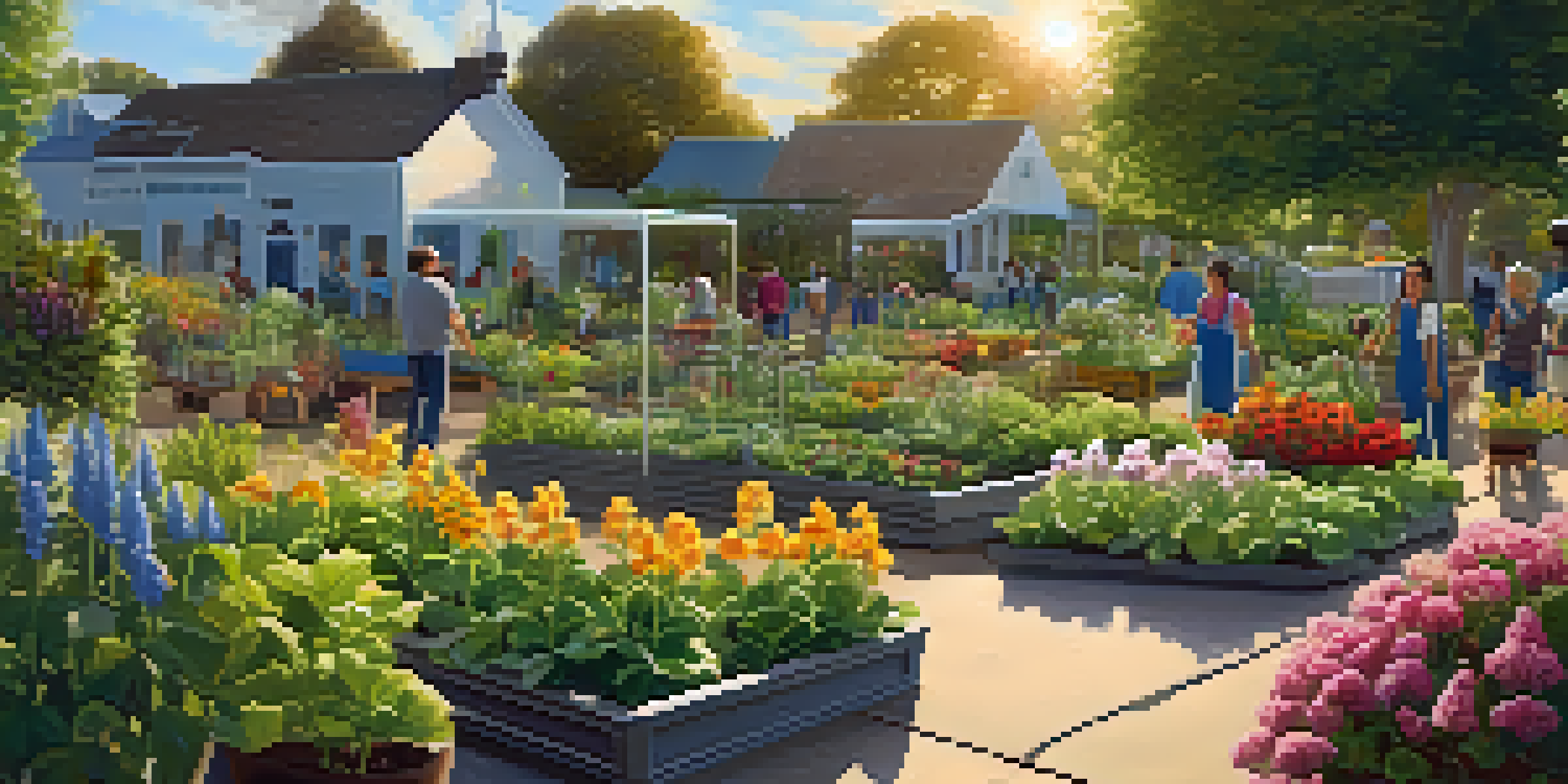 Community members working together in a vibrant garden, practicing sustainable watering techniques under a sunny sky.