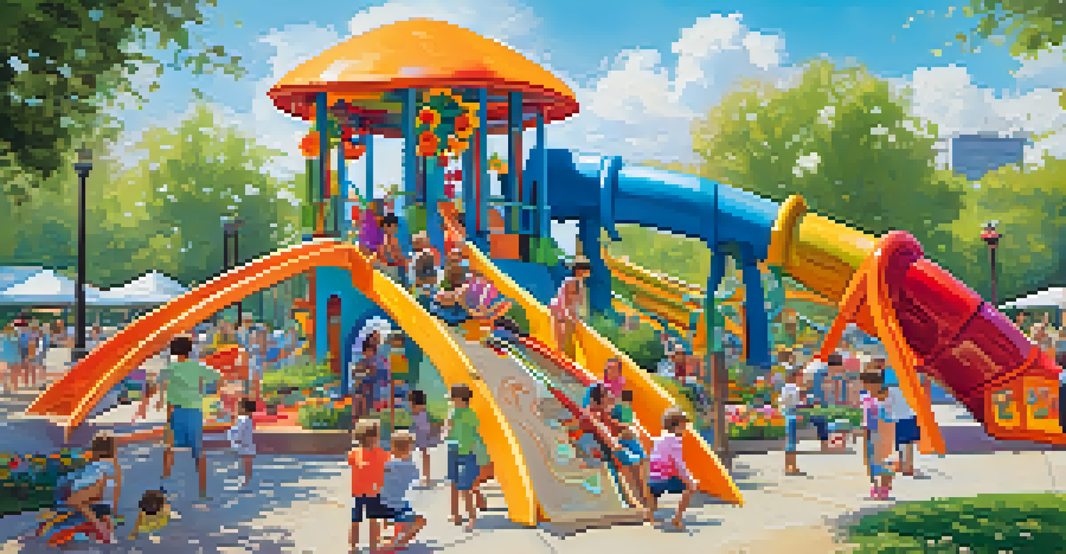 Children playing at Magic Bridge Park with colorful play structures and a whimsical bridge.