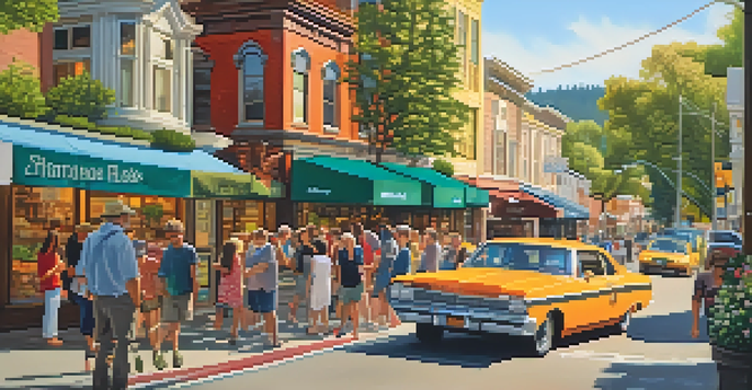 A busy street in Redwood filled with tourists and local shops, showcasing colorful storefronts and a lively atmosphere.