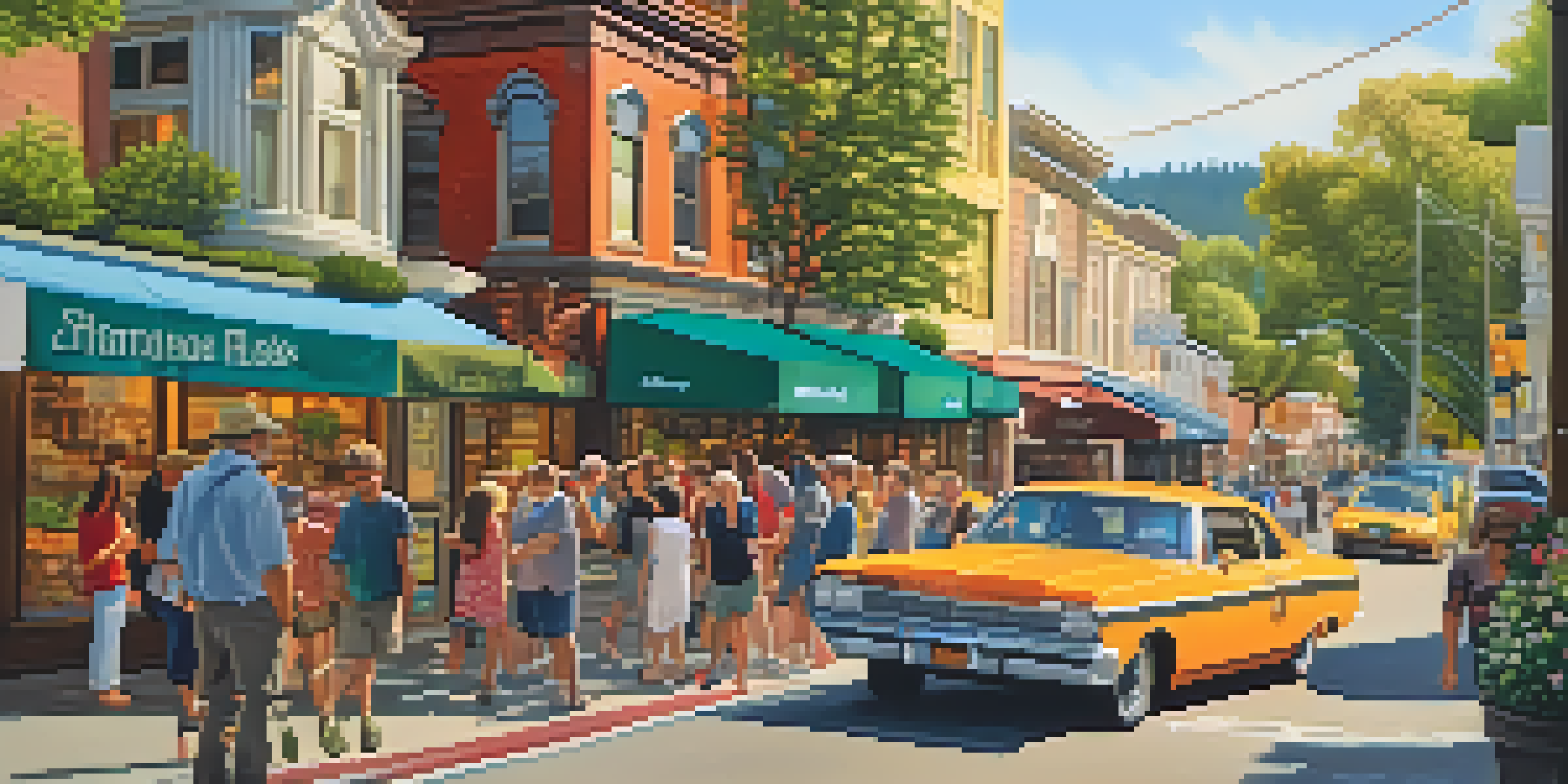 A busy street in Redwood filled with tourists and local shops, showcasing colorful storefronts and a lively atmosphere.