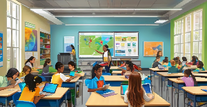 A bright classroom with students using technology, such as tablets and laptops, while collaborating on a project.