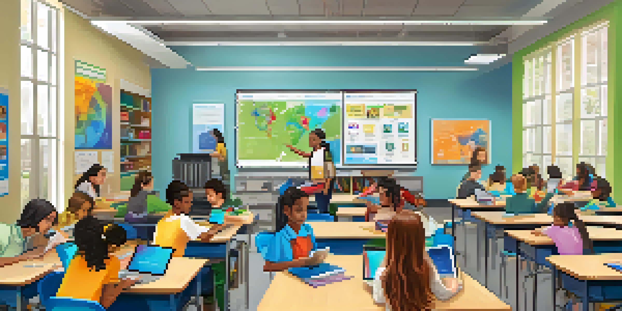 A bright classroom with students using technology, such as tablets and laptops, while collaborating on a project.