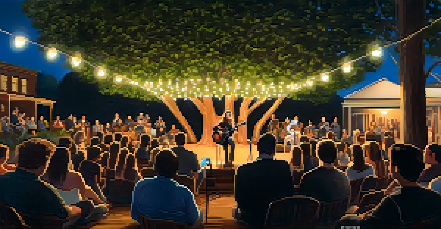 An intimate evening concert with warm lighting, a musician playing guitar, and an engaged audience swaying to the music.