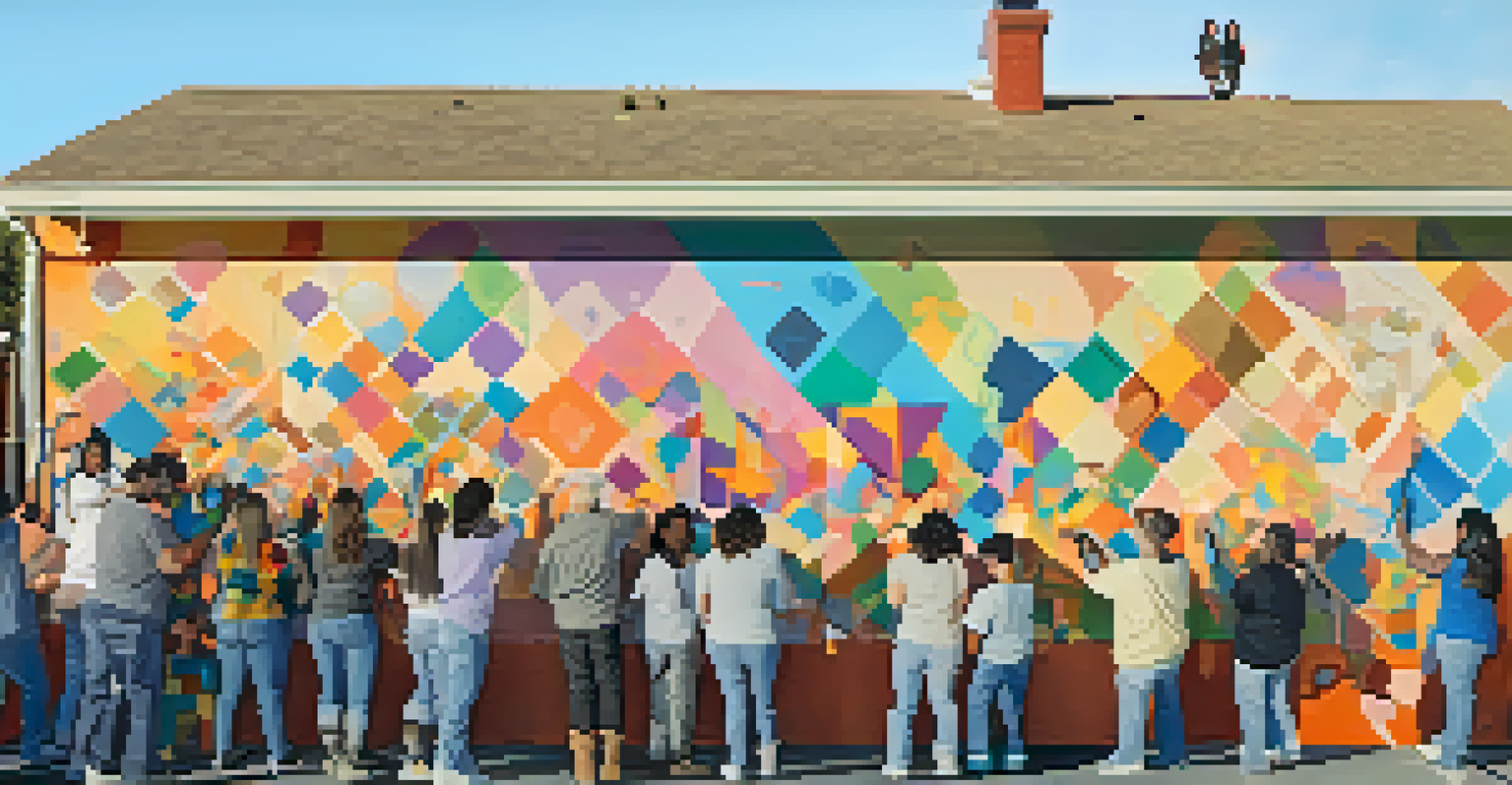 A community mural project with diverse residents painting on a large wall, showcasing collaboration and creativity in a colorful setting.