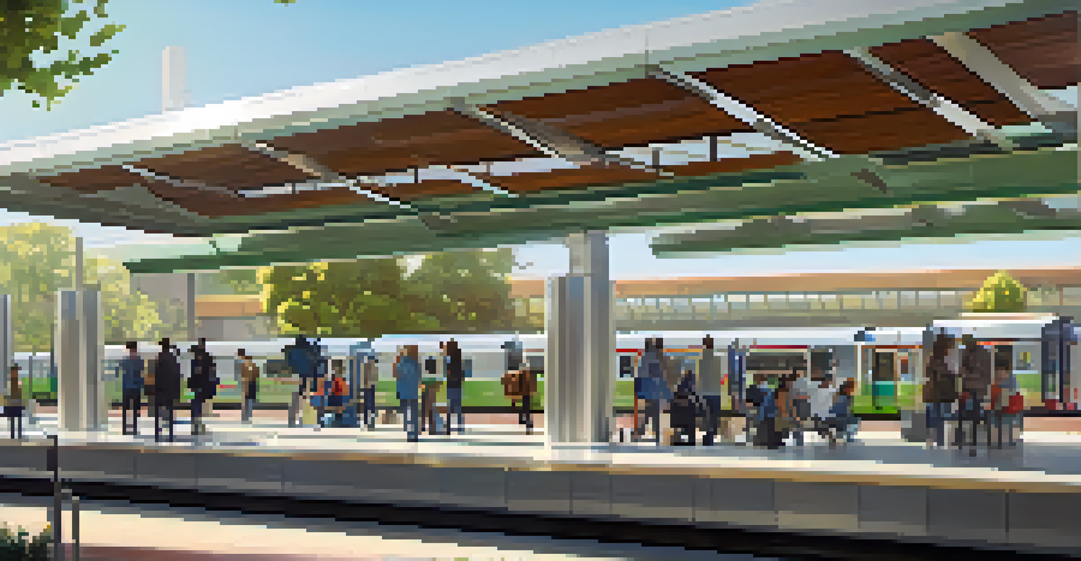 A modern train station in Redwood City with eco-friendly designs, automated trains, and commuters under bright sunlight.