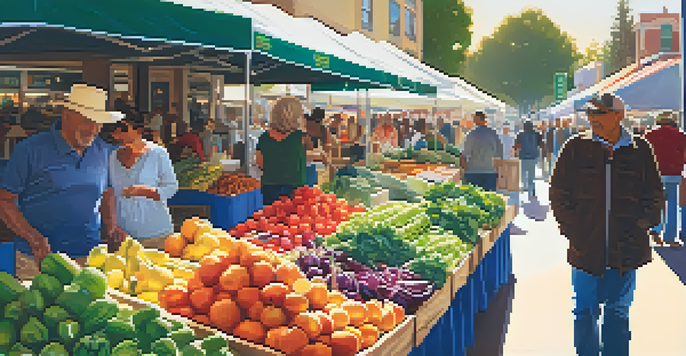 A bustling farmers' market in Redwood City with colorful fruits and vegetables and local farmers interacting with customers.