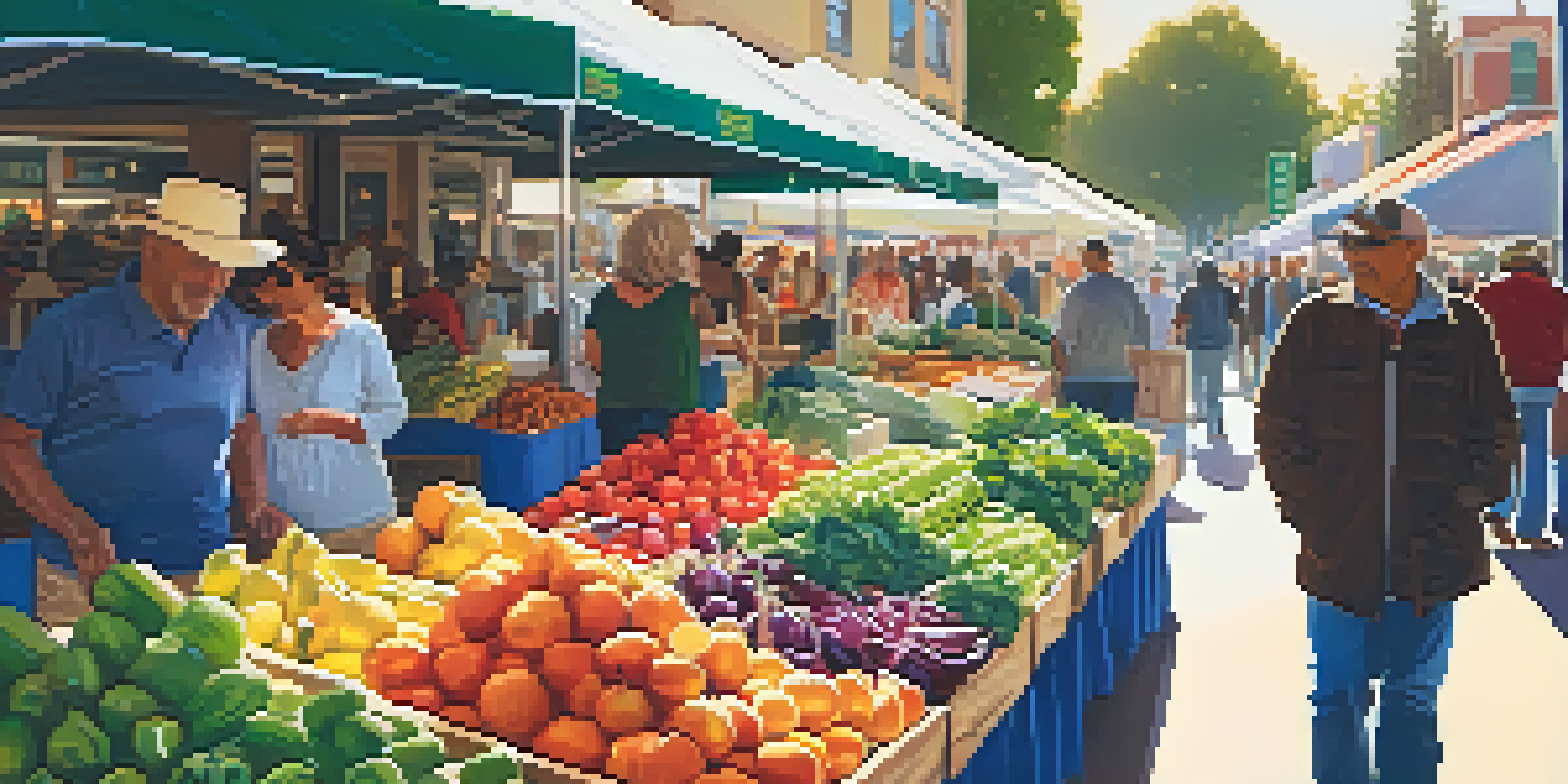 A bustling farmers' market in Redwood City with colorful fruits and vegetables and local farmers interacting with customers.