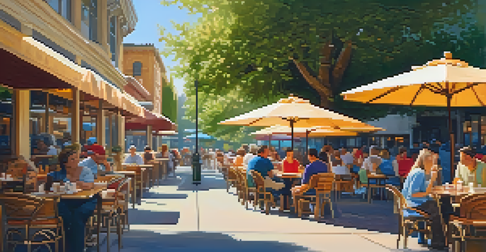 An outdoor cafe with patrons enjoying coffee and pastries, surrounded by greenery and colorful flowers in warm sunlight.