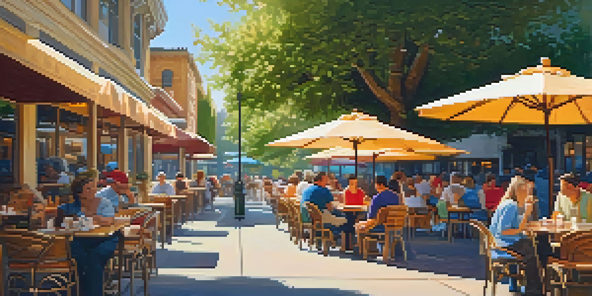 An outdoor cafe with patrons enjoying coffee and pastries, surrounded by greenery and colorful flowers in warm sunlight.