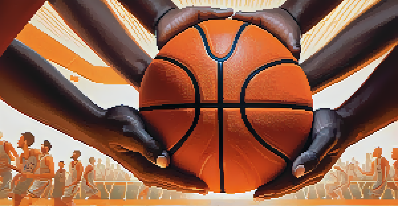 Diverse hands gripping a basketball, showcasing teamwork, with blurred players in the background on a court.