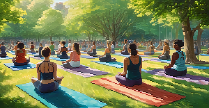 A group of diverse individuals practicing yoga outdoors in a sunny park, surrounded by greenery and trees.