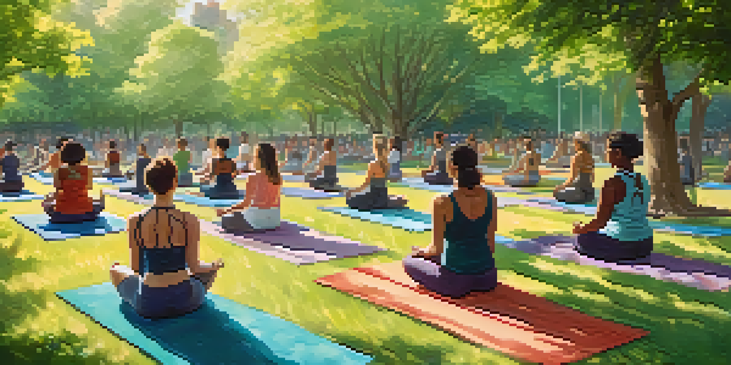 A group of diverse individuals practicing yoga outdoors in a sunny park, surrounded by greenery and trees.