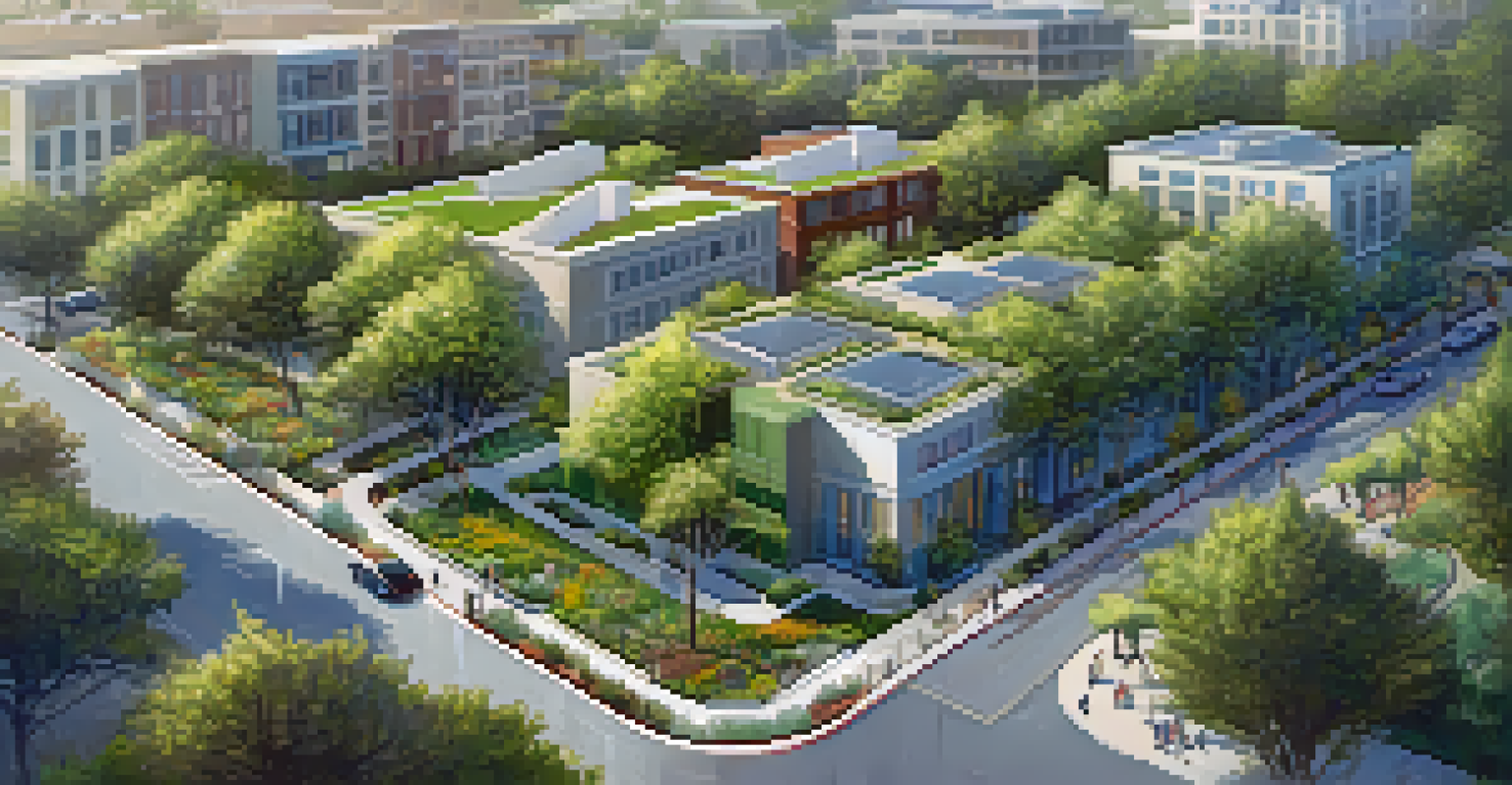An aerial view of green infrastructure in Redwood City featuring green roofs and rain gardens.