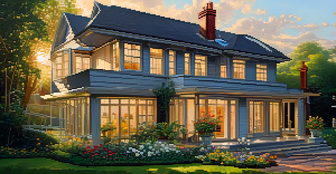 A modern home being renovated, with scaffolding and tools visible, surrounded by a colorful garden at sunset.