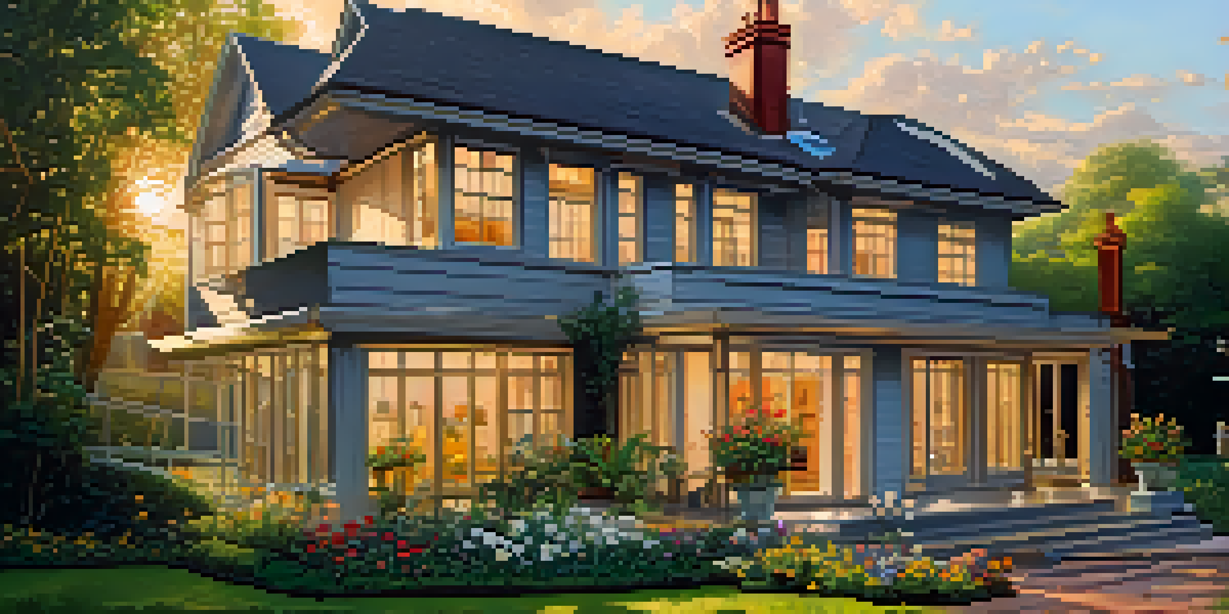 A modern home being renovated, with scaffolding and tools visible, surrounded by a colorful garden at sunset.