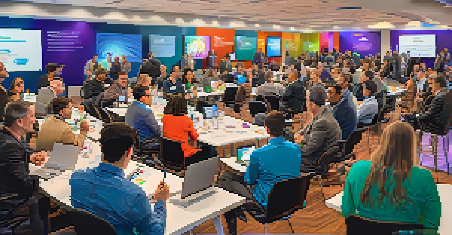 A networking event with professionals discussing and sharing ideas in a well-lit room decorated with colorful tech startup banners.