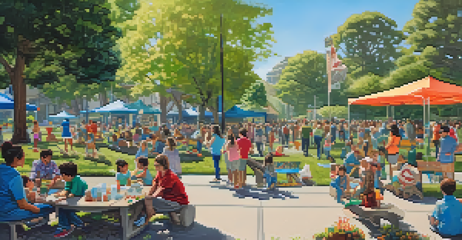 Families and community members gathered in a downtown park in Redwood City, discussing environmental initiatives with colorful banners around.