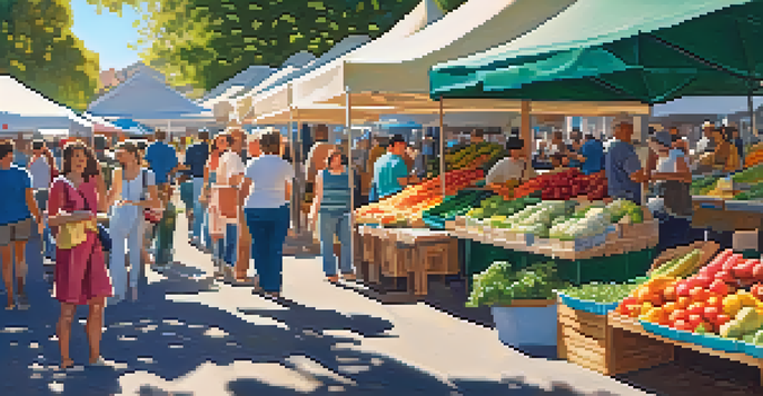 A lively farmers' market with colorful stalls of fresh produce and handmade crafts, families enjoying the atmosphere under a sunny sky.
