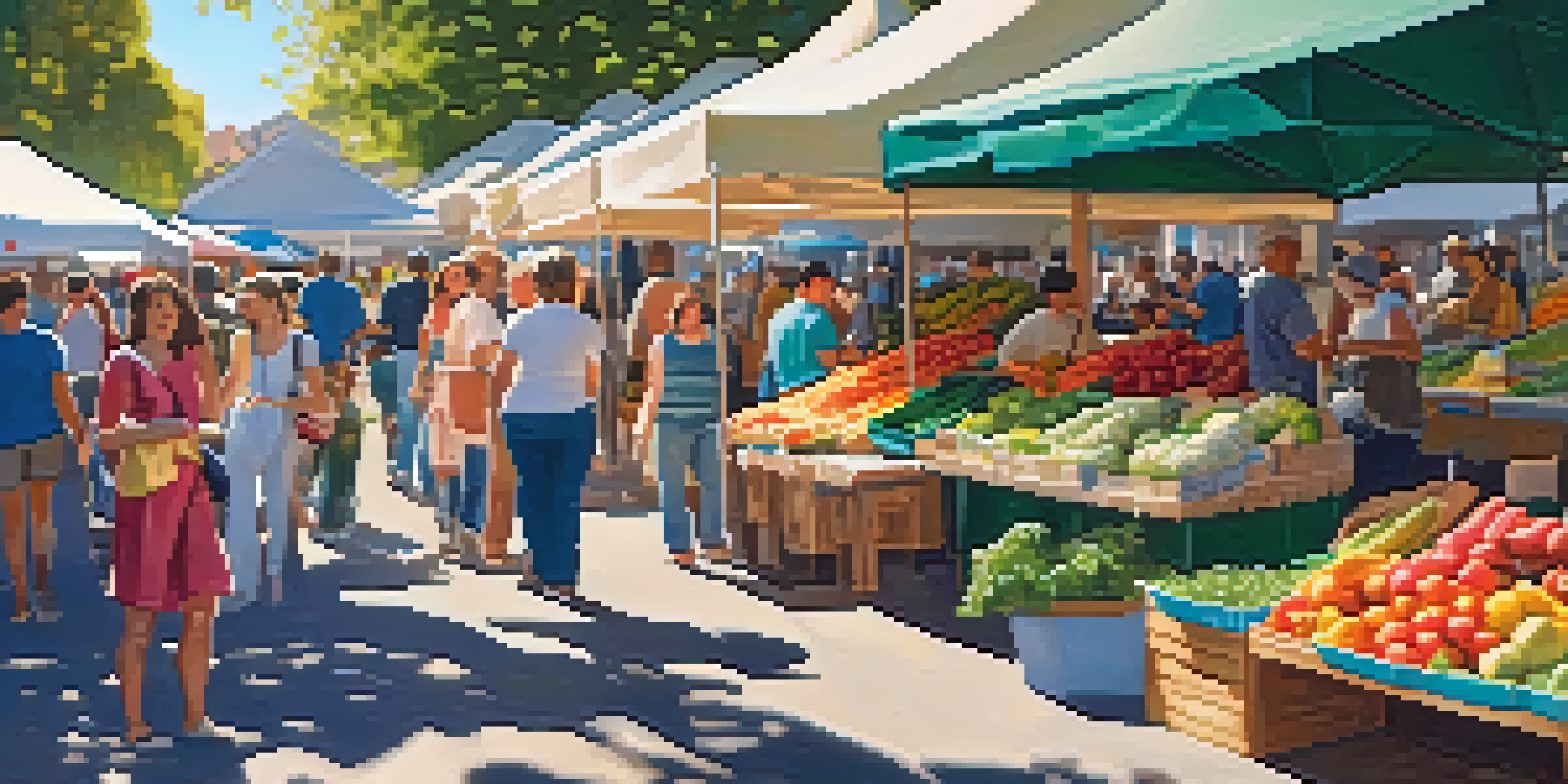 A lively farmers' market with colorful stalls of fresh produce and handmade crafts, families enjoying the atmosphere under a sunny sky.