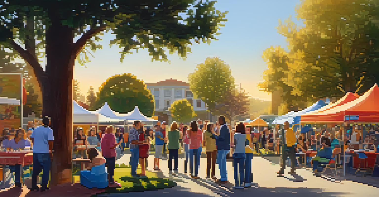 Residents gathered in a park for a community event with food trucks and live music, promoting local initiatives, bathed in soft golden hour light.