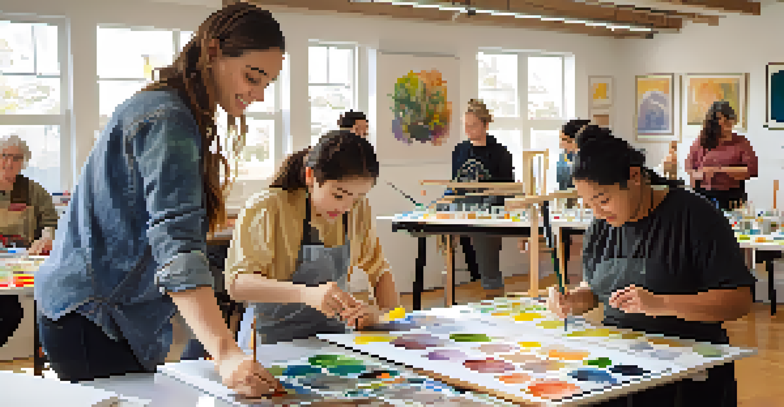 An art workshop in a bright studio in Redwood City with aspiring artists painting and learning from an instructor.