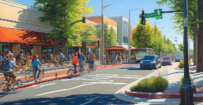 An urban street filled with pedestrians, cyclists, and a bus stop, promoting eco-friendly transportation.