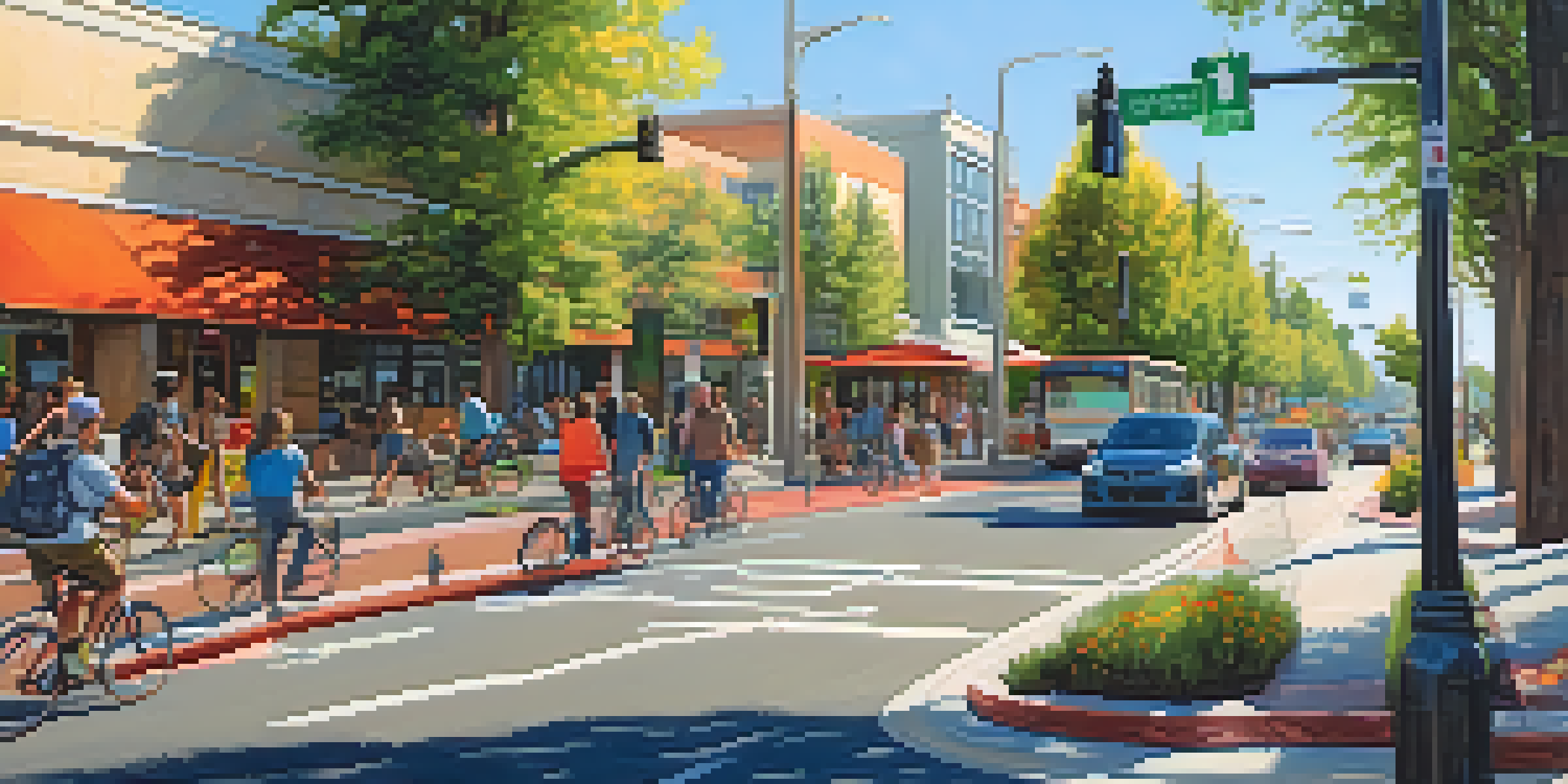 An urban street filled with pedestrians, cyclists, and a bus stop, promoting eco-friendly transportation.