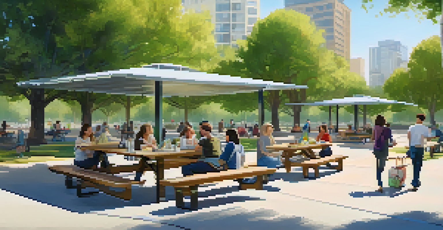 A modern picnic setup at Sequoia Station Park, with people enjoying food under shaded tables amidst urban scenery.