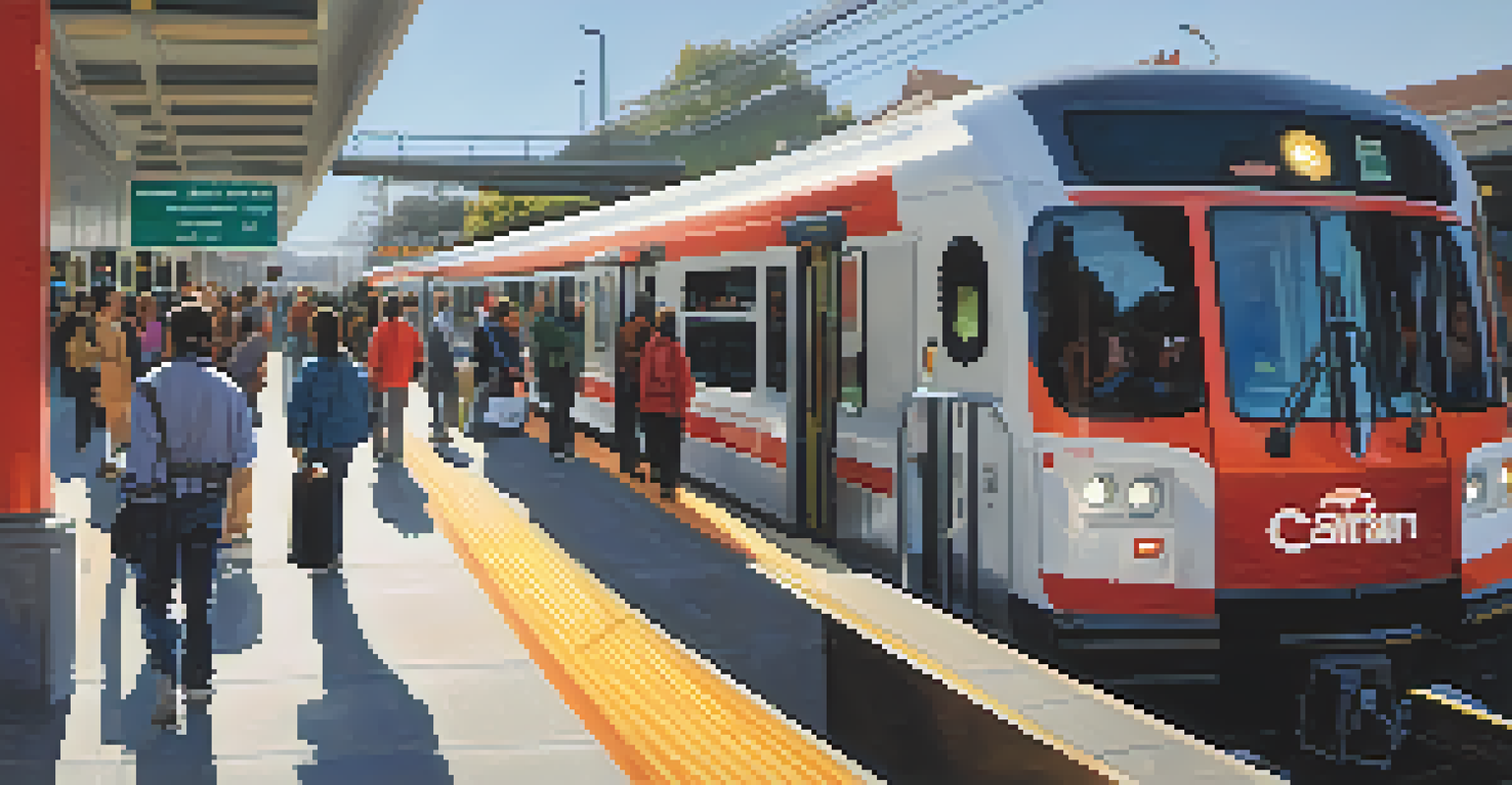 A modern Caltrain station in Redwood City with passengers waiting for the train, featuring digital displays and a train arriving at the platform.