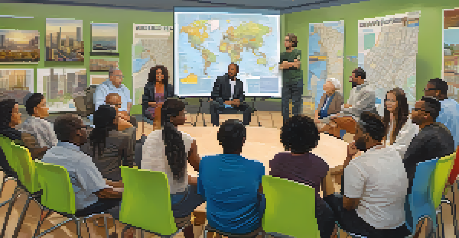 Residents in Redwood City engage in a community meeting discussing housing solutions, with a city map in the background.