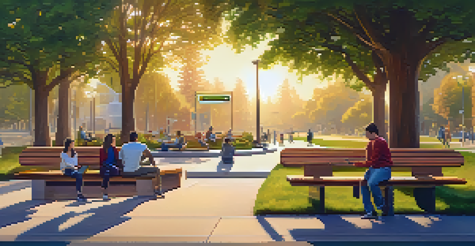 A modern park in Redwood City with smart benches and families using technology, showcasing a blend of nature and innovation at sunset.