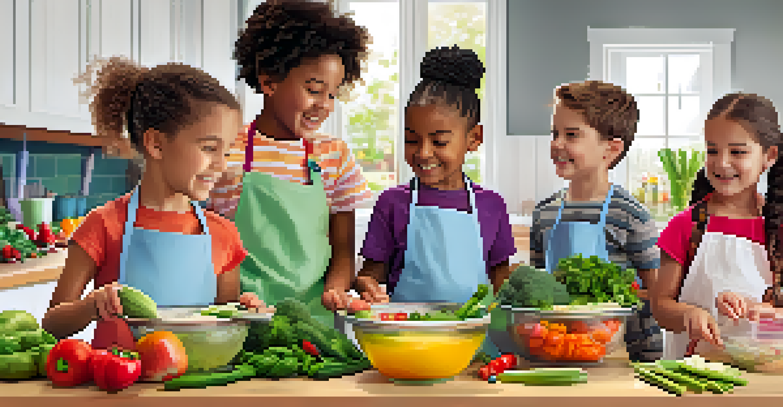 Children joyfully engaging in a cooking class, learning about nutrition with fresh fruits and vegetables in a bright kitchen.