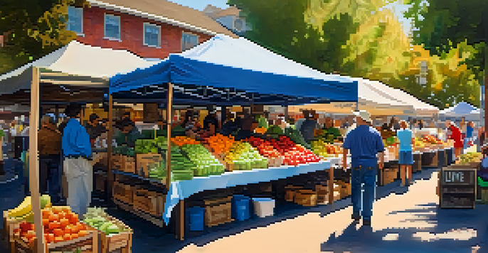 A lively farmers' market with colorful fruits and vegetables, people interacting with vendors, and sunlight filtering through trees.