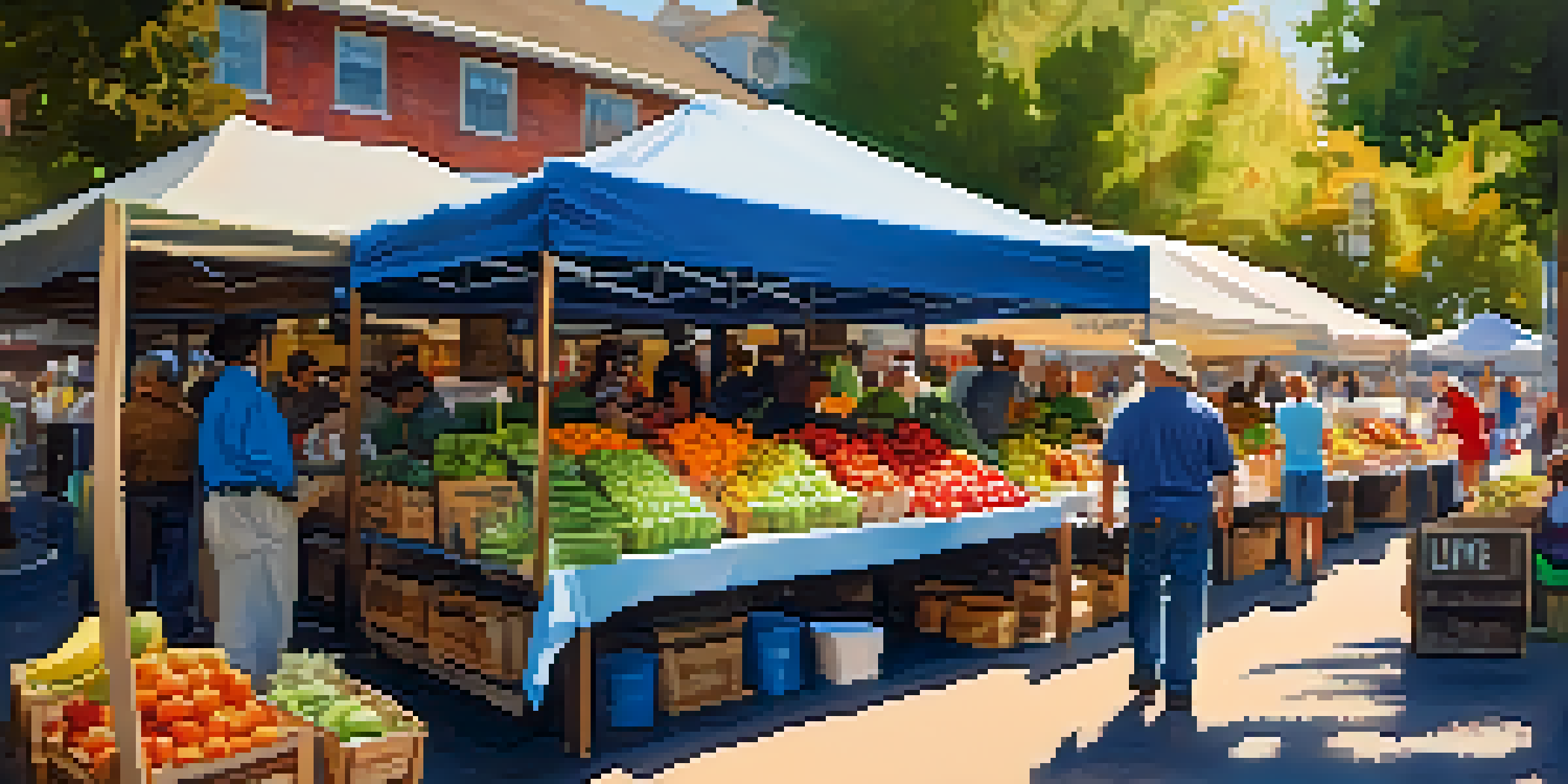A lively farmers' market with colorful fruits and vegetables, people interacting with vendors, and sunlight filtering through trees.