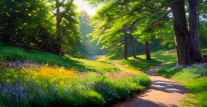A peaceful hiking trail in Edgewood Park, filled with greenery and blooming wildflowers under a sunny sky.